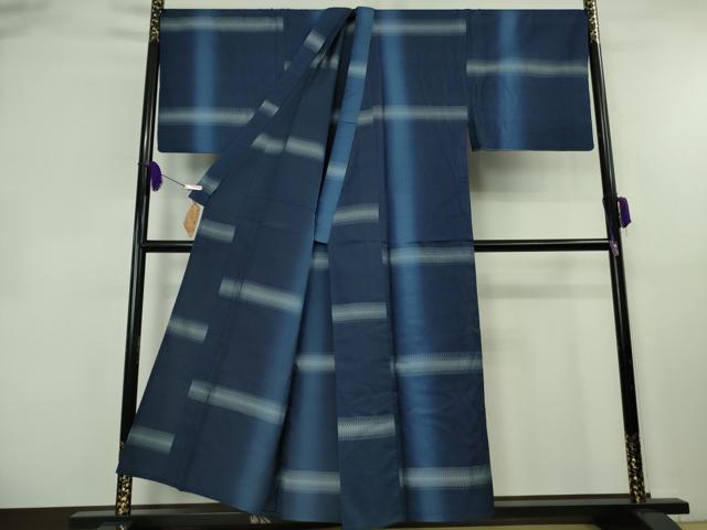 平和屋本店▽極上　男性　銀座もとじ　お召　単衣　キングサイズ　藍　横段文　紙タグ付き　逸品　DZAB8446kh6