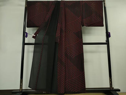平和屋本店＊希少　夏物　男性　キモノデザイナー　斉藤上太郎　小紋　縦絽　キングサイズ　網目文　黒地　逸品　DZAB8476kh6