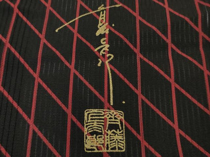 平和屋本店＊希少　夏物　男性　キモノデザイナー　斉藤上太郎　小紋　縦絽　キングサイズ　網目文　黒地　逸品　DZAB8476kh6