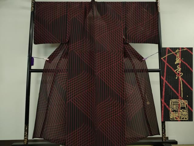 平和屋本店＊希少　夏物　男性　キモノデザイナー　斉藤上太郎　小紋　縦絽　キングサイズ　網目文　黒地　逸品　DZAB8476kh6