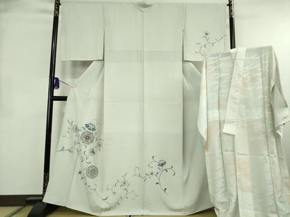 平和屋本店●極上　訪問着・長襦袢(無双仕立て)セット　更紗花文　灰黄緑色地　金彩　反端付き　逸品　未使用　DZAB8480kh6