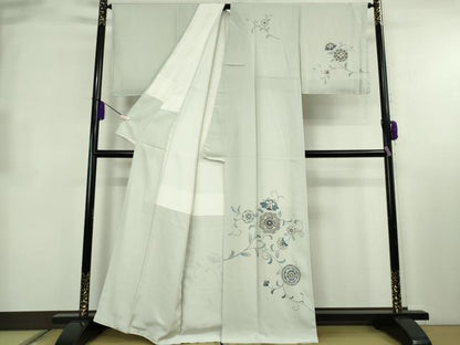 平和屋本店●極上　訪問着・長襦袢(無双仕立て)セット　更紗花文　灰黄緑色地　金彩　反端付き　逸品　未使用　DZAB8480kh6