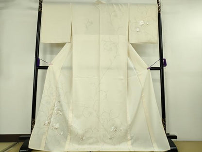 平和屋本店＊極上　夏物　訪問着　絽　手刺繍　更紗花文　鳥の子色地　金銀糸　ロング丈　逸品　未使用　DZAB8481kh6