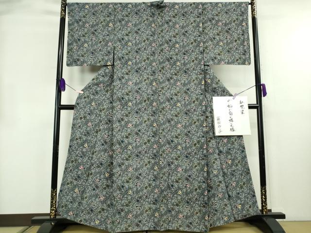 平和屋本店●希少　本場琉球紅型　藤村玲子　小紋　雪輪に菊と蝶文様　色紙・たとう紙・参考資料付き　逸品　DZAB8484kh6