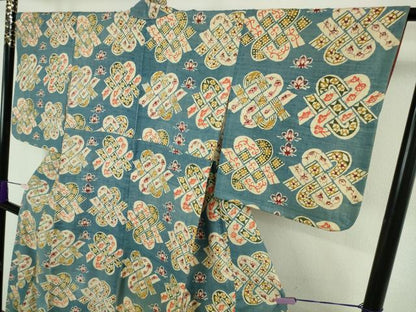 平和屋本店●極上　工芸着物　生紬　型染　錦木文様　逸品　DZAB8492kh6