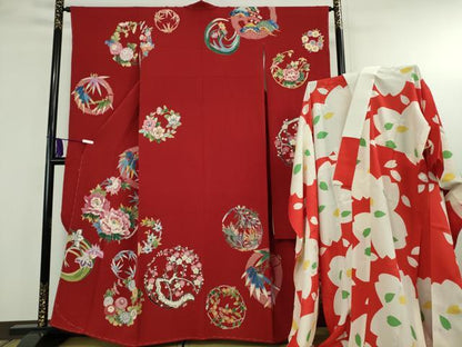 平和屋本店●極上　友禅師　有馬国雄　振袖・長襦袢(無双仕立て)セット　松竹梅　吉祥花丸文　鬼しぼ縮緬　逸品　未使用　DZAB8496kh6