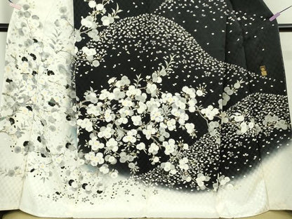 平和屋本店●極上　夢染人　野村一峰　訪問着　枝桜　白×黒　反端付き　逸品　未使用　DZAB8508kh6