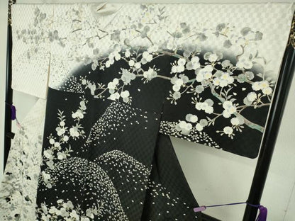平和屋本店●極上　夢染人　野村一峰　訪問着　枝桜　白×黒　反端付き　逸品　未使用　DZAB8508kh6