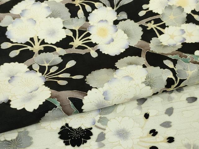 平和屋本店●極上　夢染人　野村一峰　訪問着　枝桜　白×黒　反端付き　逸品　未使用　DZAB8508kh6