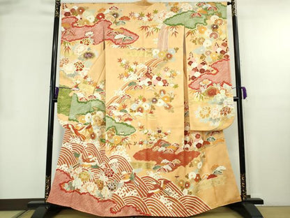 平和屋本店●極上　振袖　駒刺繍　絞り　立波　鳳凰　吉祥花文　萱草色地　金彩　逸品　DZAB8510kh6