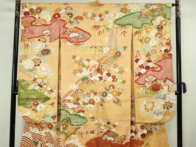 平和屋本店●極上　振袖　駒刺繍　絞り　立波　鳳凰　吉祥花文　萱草色地　金彩　逸品　DZAB8510kh6