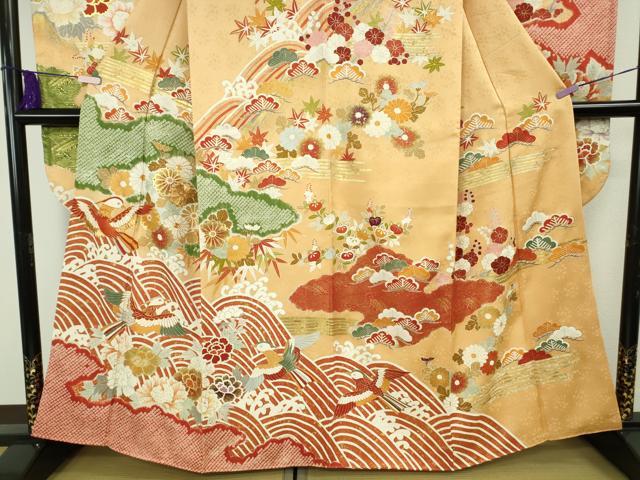 平和屋本店●極上　振袖　駒刺繍　絞り　立波　鳳凰　吉祥花文　萱草色地　金彩　逸品　DZAB8510kh6