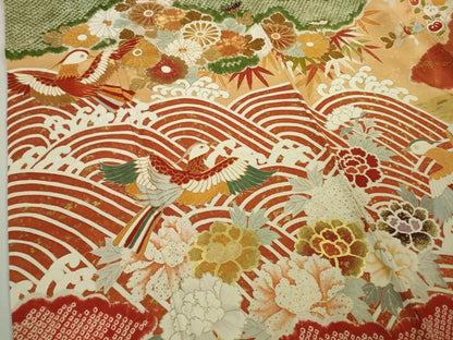 平和屋本店●極上　振袖　駒刺繍　絞り　立波　鳳凰　吉祥花文　萱草色地　金彩　逸品　DZAB8510kh6