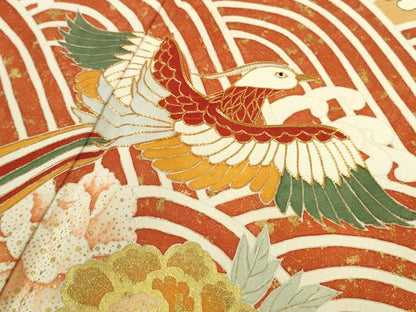 平和屋本店●極上　振袖　駒刺繍　絞り　立波　鳳凰　吉祥花文　萱草色地　金彩　逸品　DZAB8510kh6