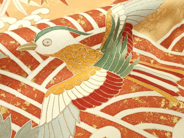 平和屋本店●極上　振袖　駒刺繍　絞り　立波　鳳凰　吉祥花文　萱草色地　金彩　逸品　DZAB8510kh6