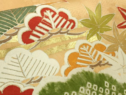 平和屋本店●極上　振袖　駒刺繍　絞り　立波　鳳凰　吉祥花文　萱草色地　金彩　逸品　DZAB8510kh6