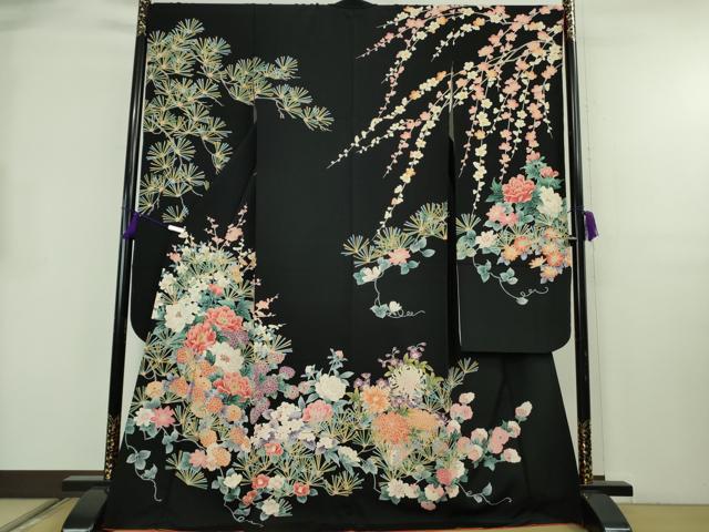 平和屋本店●極上　振袖　友禅　松　梅　乱菊　吉祥花文　黒地　金彩　逸品　DZAB8513kh6