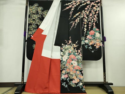 平和屋本店●極上　振袖　友禅　松　梅　乱菊　吉祥花文　黒地　金彩　逸品　DZAB8513kh6