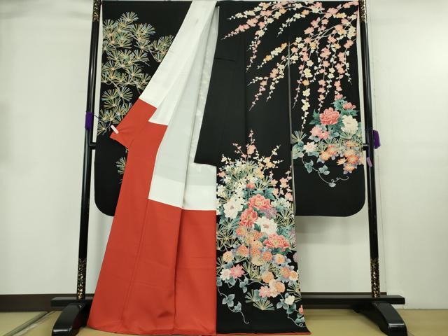 平和屋本店●極上　振袖　友禅　松　梅　乱菊　吉祥花文　黒地　金彩　逸品　DZAB8513kh6