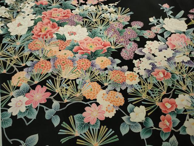 平和屋本店●極上　振袖　友禅　松　梅　乱菊　吉祥花文　黒地　金彩　逸品　DZAB8513kh6