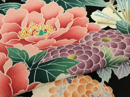 平和屋本店●極上　振袖　友禅　松　梅　乱菊　吉祥花文　黒地　金彩　逸品　DZAB8513kh6