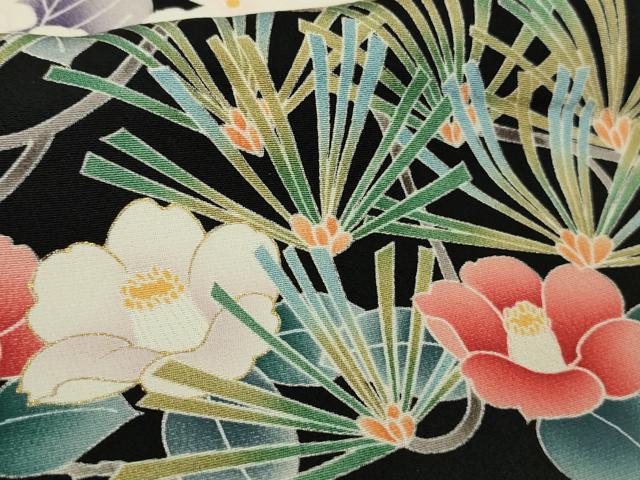 平和屋本店●極上　振袖　友禅　松　梅　乱菊　吉祥花文　黒地　金彩　逸品　DZAB8513kh6