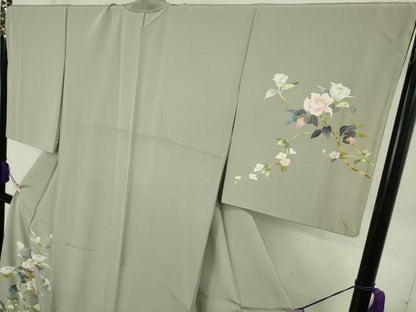 平和屋本店●極上　京加賀友禅　百貫石峰　訪問着　枝花文　濃い絹鼠色地　ロング丈　反端付き　逸品　DZAB8515kh6