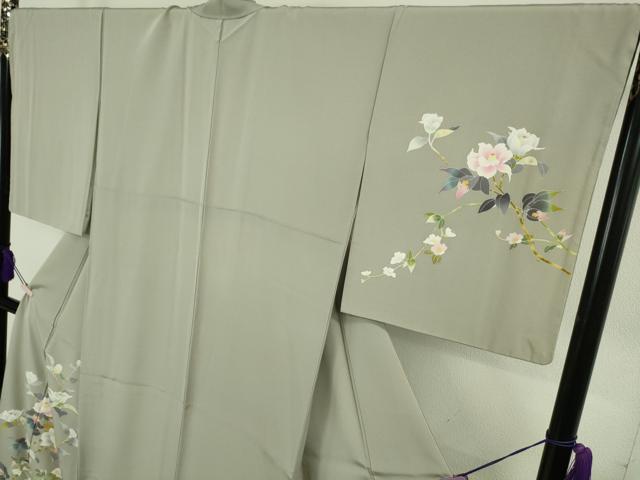 平和屋本店●極上　京加賀友禅　百貫石峰　訪問着　枝花文　濃い絹鼠色地　ロング丈　反端付き　逸品　DZAB8515kh6