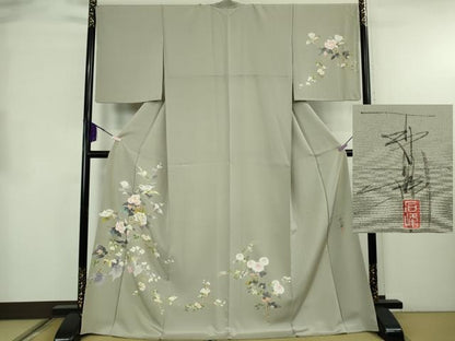 平和屋本店●極上　京加賀友禅　百貫石峰　訪問着　枝花文　濃い絹鼠色地　ロング丈　反端付き　逸品　DZAB8515kh6