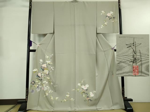 平和屋本店●極上　京加賀友禅　百貫石峰　訪問着　枝花文　濃い絹鼠色地　ロング丈　反端付き　逸品　DZAB8515kh6