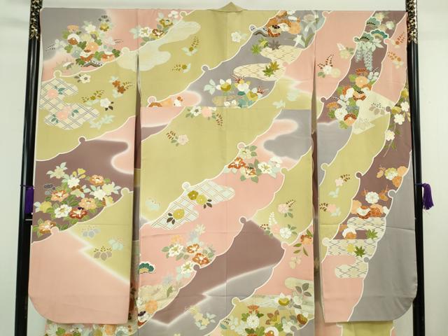 平和屋本店●極上　創業460年・千總　振袖・長襦袢(無双仕立て)セット　駒刺繍　雪輪吉祥花文　金彩　三越扱い　逸品　DZAB8517kh6