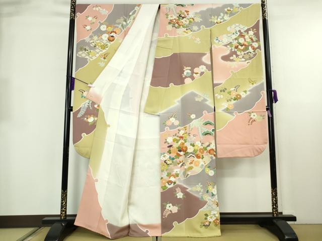 平和屋本店●極上　創業460年・千總　振袖・長襦袢(無双仕立て)セット　駒刺繍　雪輪吉祥花文　金彩　三越扱い　逸品　DZAB8517kh6