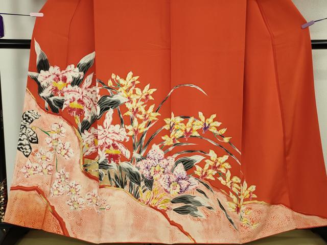 平和屋本店●超希少　染彩芸術の巨匠　皆川月華　ろうけつ染　訪問着　洋花文　金赤色地　金彩　逸品　DZAB8518kh6