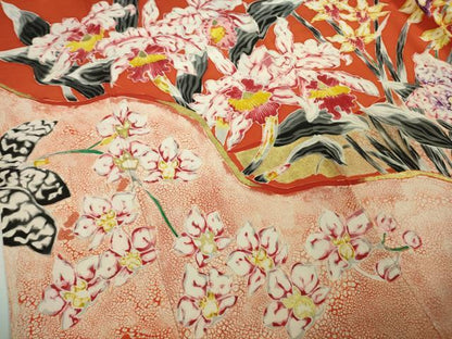 平和屋本店●超希少　染彩芸術の巨匠　皆川月華　ろうけつ染　訪問着　洋花文　金赤色地　金彩　逸品　DZAB8518kh6