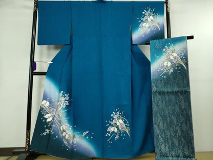 平和屋本店●極上　訪問着・袋帯セット　刺繍　胡蝶蘭　藍色地　暈し染め　金銀彩　逸品　DZAB8519kh6