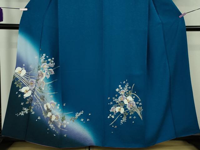 平和屋本店●極上　訪問着・袋帯セット　刺繍　胡蝶蘭　藍色地　暈し染め　金銀彩　逸品　DZAB8519kh6