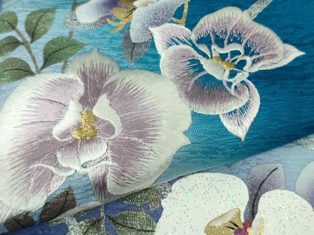 平和屋本店●極上　訪問着・袋帯セット　刺繍　胡蝶蘭　藍色地　暈し染め　金銀彩　逸品　DZAB8519kh6