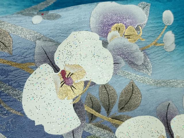 平和屋本店●極上　訪問着・袋帯セット　刺繍　胡蝶蘭　藍色地　暈し染め　金銀彩　逸品　DZAB8519kh6