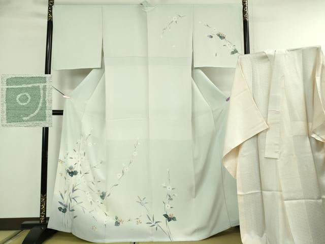 平和屋本店●極上 本加賀友禅作家 奥泉可愛 訪問着・長襦袢(無双仕立て)セット 華なでしこ 白緑色地 暈し染め 証紙付き　逸品　DZAB8528kh6