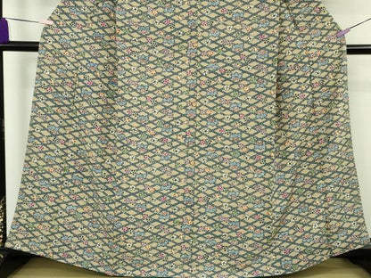 平和屋本店●極上　本場琉球紅型　琉球びんがた　知念紅型研究所　知念貞男　小紋　桐花菱文　空五倍子色地　反端付き　逸品　DZAB8529kh6