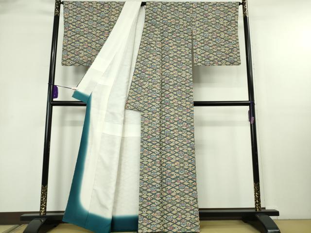 平和屋本店●極上　本場琉球紅型　琉球びんがた　知念紅型研究所　知念貞男　小紋　桐花菱文　空五倍子色地　反端付き　逸品　DZAB8529kh6
