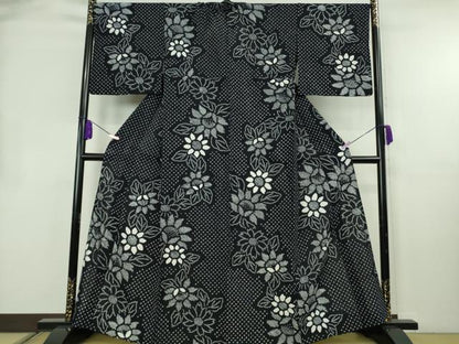 平和屋着物∴極上　夏物　浴衣　有松鳴海絞り　草花文　黒地　綿　逸品　DZAB8533kh6