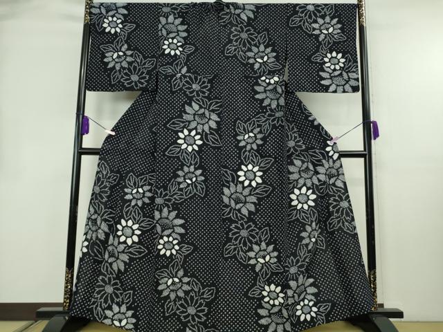 平和屋着物∴極上　夏物　浴衣　有松鳴海絞り　草花文　黒地　綿　逸品　DZAB8533kh6