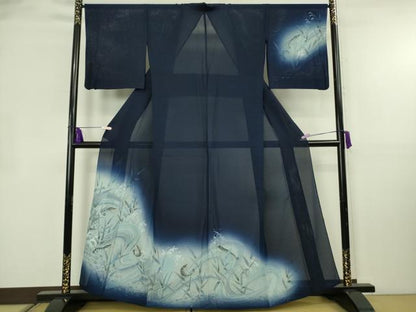 平和屋本店＊極上　夏物 中国三大刺繍 スワトウ刺繍 汕頭刺繍 手刺繍 訪問着 紗 海老 立波葉文 鉄紺色地 暈し染め 銀糸　逸品　DZAB8544kh6