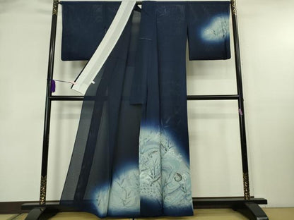 平和屋本店＊極上　夏物 中国三大刺繍 スワトウ刺繍 汕頭刺繍 手刺繍 訪問着 紗 海老 立波葉文 鉄紺色地 暈し染め 銀糸　逸品　DZAB8544kh6