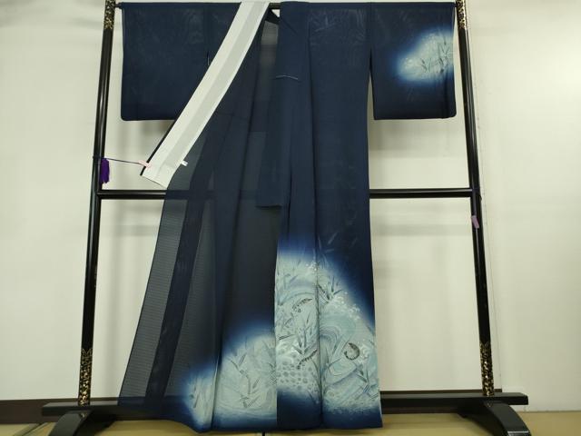 平和屋本店＊極上　夏物 中国三大刺繍 スワトウ刺繍 汕頭刺繍 手刺繍 訪問着 紗 海老 立波葉文 鉄紺色地 暈し染め 銀糸　逸品　DZAB8544kh6