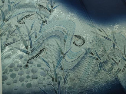 平和屋本店＊極上　夏物 中国三大刺繍 スワトウ刺繍 汕頭刺繍 手刺繍 訪問着 紗 海老 立波葉文 鉄紺色地 暈し染め 銀糸　逸品　DZAB8544kh6
