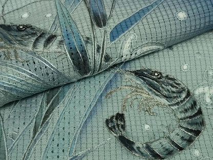 平和屋本店＊極上　夏物 中国三大刺繍 スワトウ刺繍 汕頭刺繍 手刺繍 訪問着 紗 海老 立波葉文 鉄紺色地 暈し染め 銀糸　逸品　DZAB8544kh6