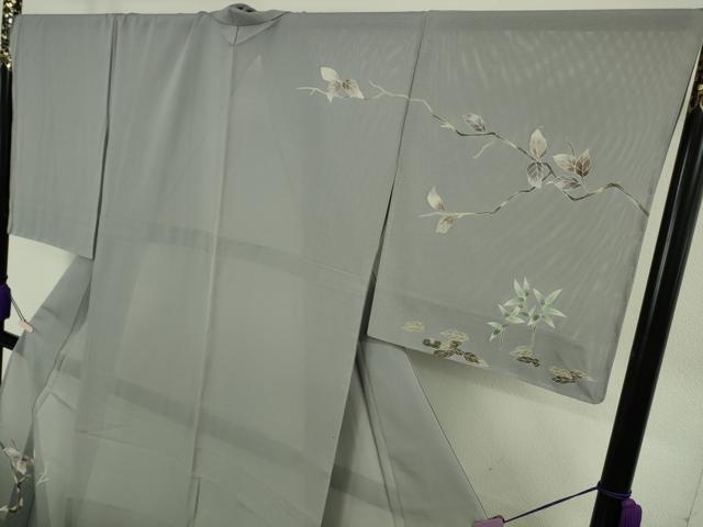 平和屋本店＊極上　夏物　訪問着　友禅　絽　枝木に小鳥　雀　薄墨色地　暈し染め　ロング丈　逸品　未使用　DZAB8545kh6