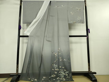 平和屋本店＊極上　夏物　訪問着　友禅　絽　枝木に小鳥　雀　薄墨色地　暈し染め　ロング丈　逸品　未使用　DZAB8545kh6